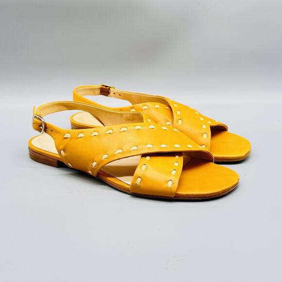 Jack Rogers Sandals Women 8 Yellow Leather Slingback Flat Cross Strap Whipstitch - Picture 2 of 13